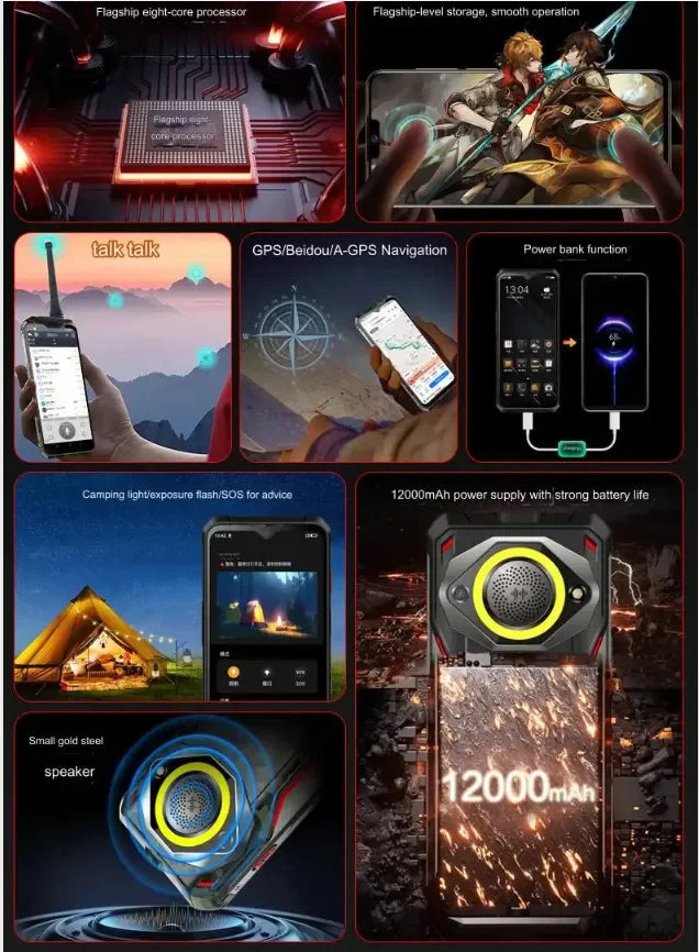 12000mAh Battery Outdoor Camping Lights Zello PTT Key Walike Talkie Smartphone 8GB+128GB 26MP Camera Octa Core 6.88 “inch