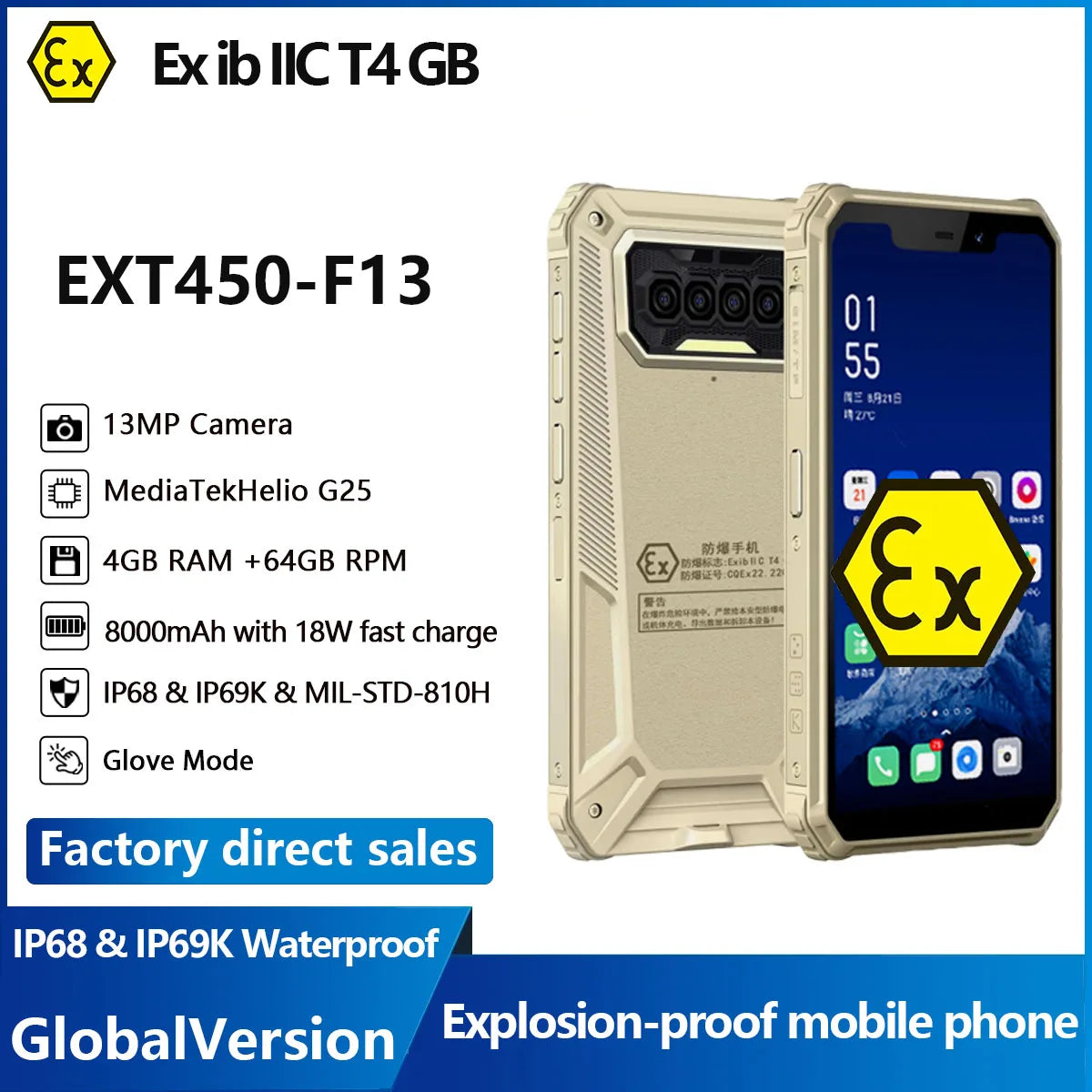 Explosion-proof Mobile phone EX-F13 Rugged IP68 intercom Waterproof 6GB+64GB 13MP Quad-Camera 5.82 "HD+ 8000mAh NFC Android 11
