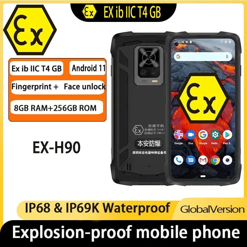 Explosion Proof Ex-H90 Rugged IP68 Zello PTT Waterproof  8GB+256GB 108MP Triple Camera 6.36" FHD 5000mAh NFC Android 11